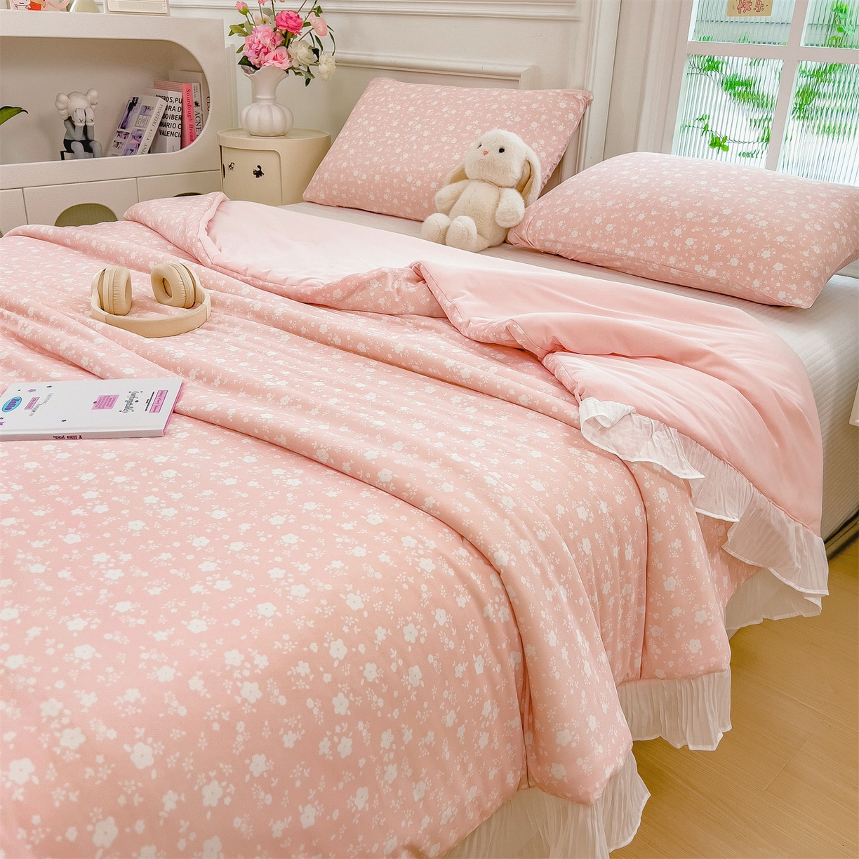 91家纺网 家纺一手货源 找家纺 兄弟坊 2026春夏新款小清新凉感韩版花边夏被夏凉被午睡被空调被 小碎花粉