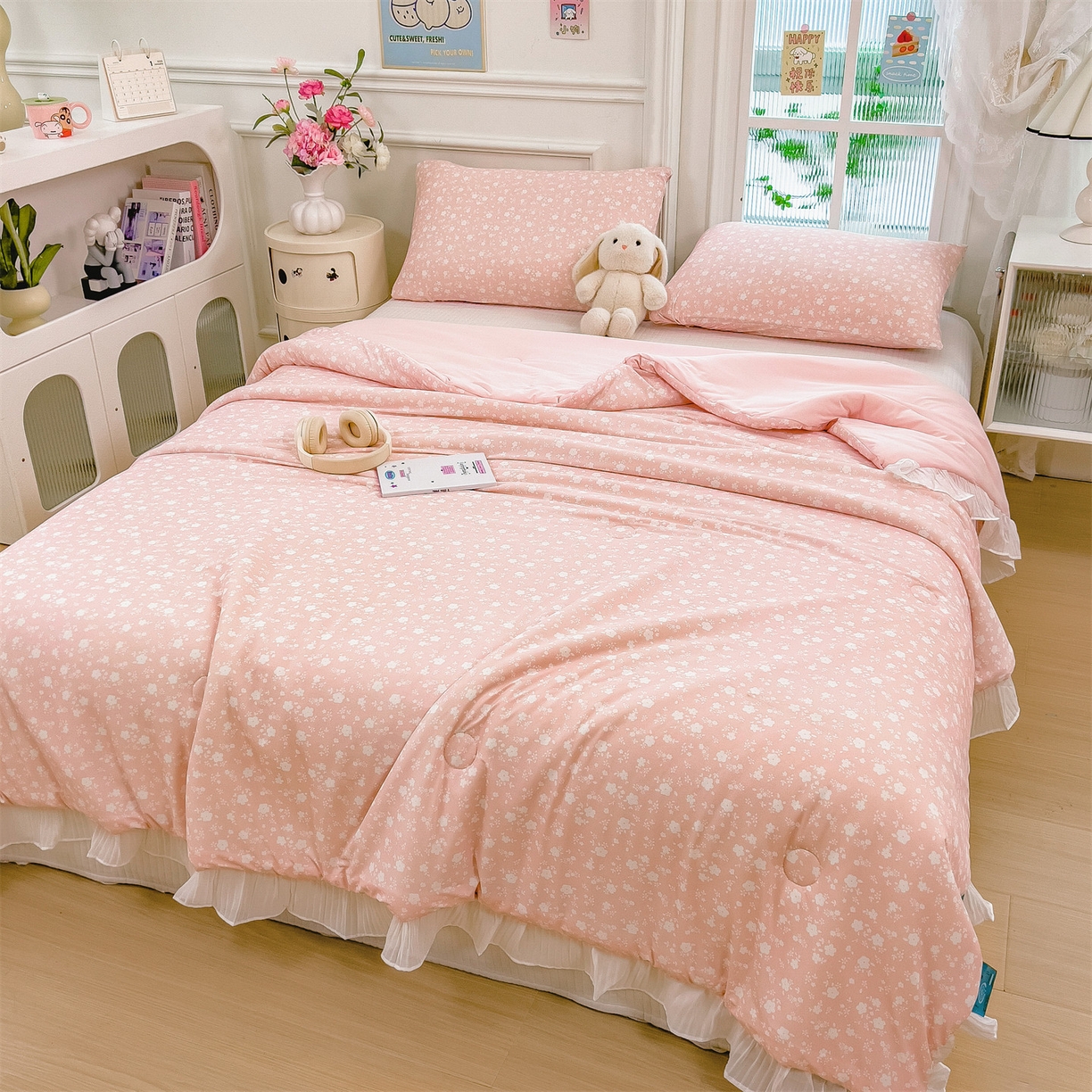 91家纺网 家纺一手货源 找家纺 兄弟坊 2026春夏新款小清新凉感韩版花边夏被夏凉被午睡被空调被 小碎花粉