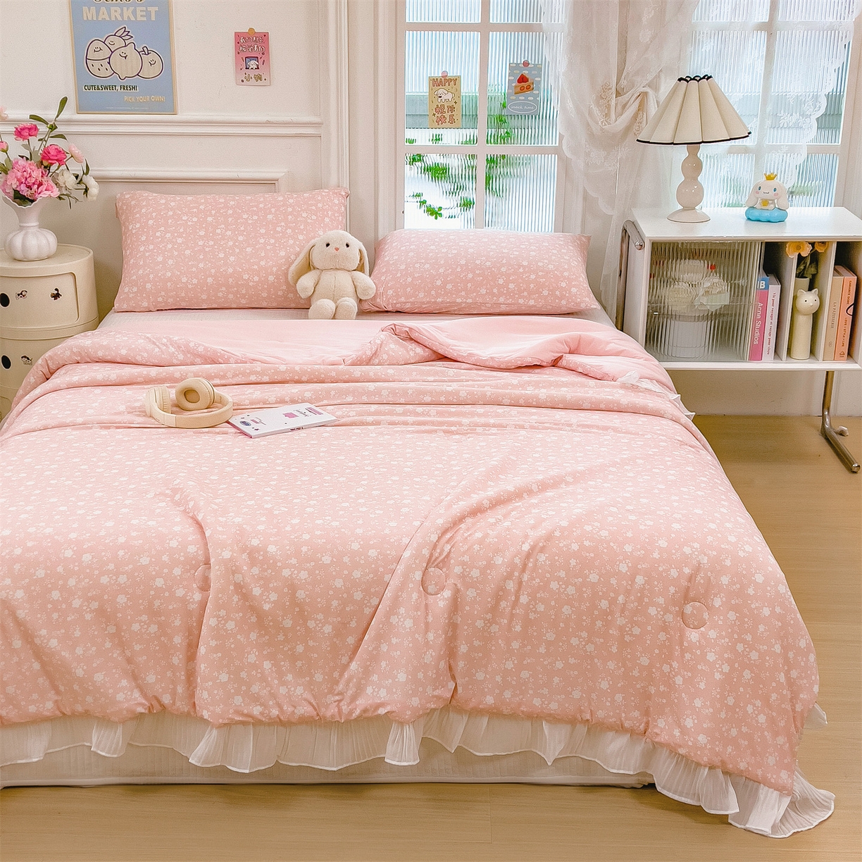 91家纺网 家纺一手货源 找家纺 兄弟坊 2026春夏新款小清新凉感韩版花边夏被夏凉被午睡被空调被 小碎花粉