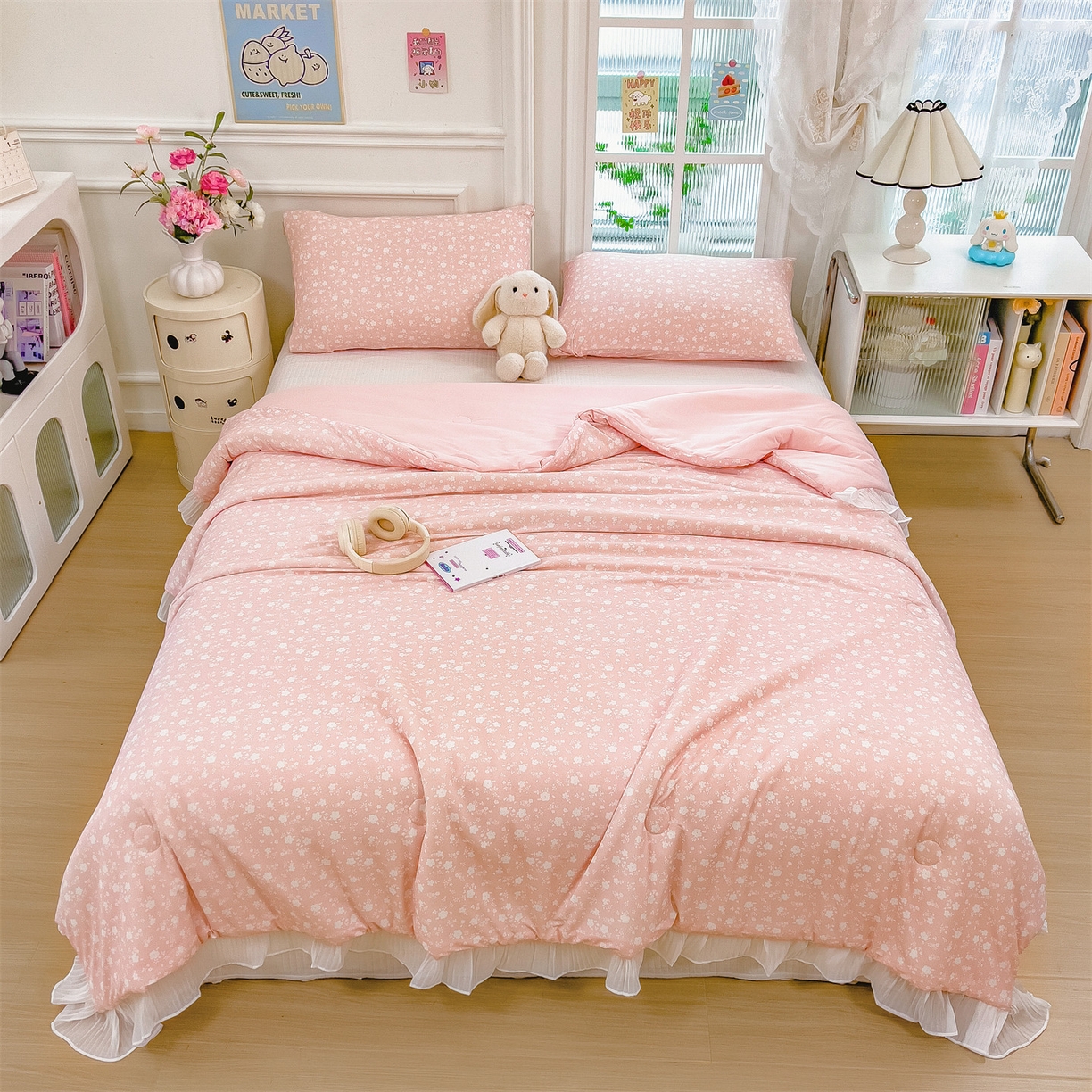 91家纺网 家纺一手货源 找家纺 兄弟坊 2026春夏新款小清新凉感韩版花边夏被夏凉被午睡被空调被 小碎花粉