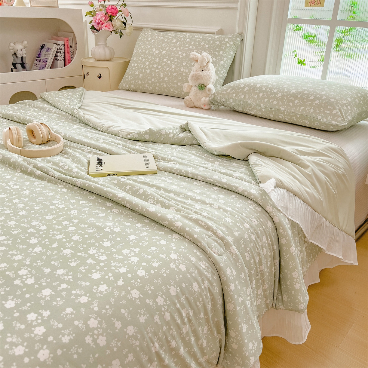 91家纺网 家纺一手货源 找家纺 兄弟坊 2026春夏新款小清新凉感韩版花边夏被夏凉被午睡被空调被 小碎花绿