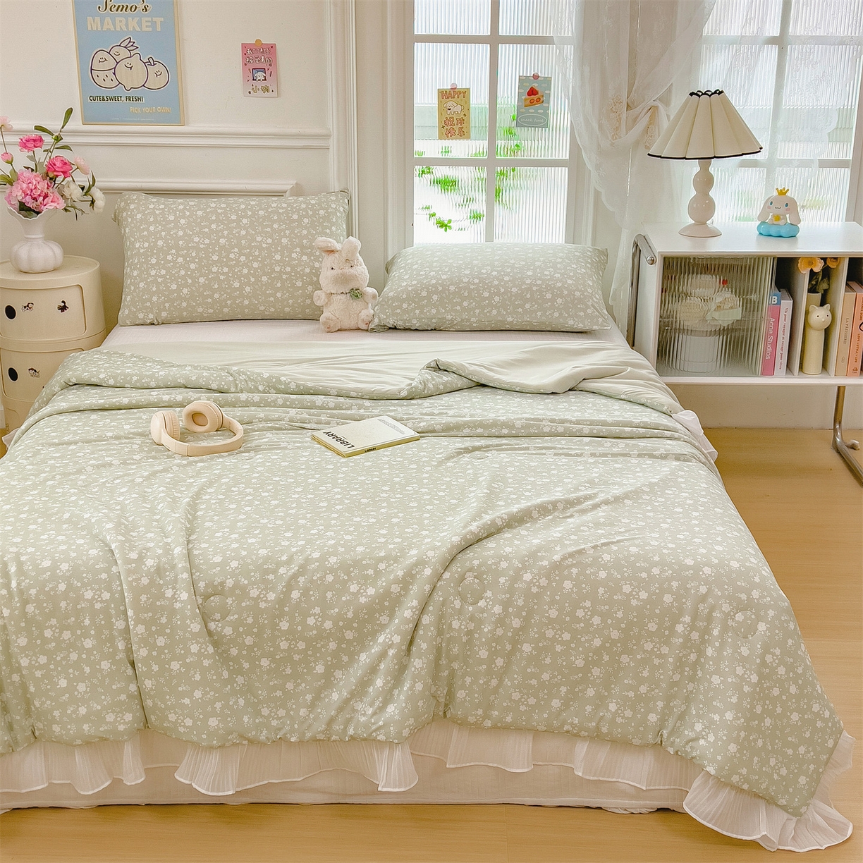 91家纺网 家纺一手货源 找家纺 兄弟坊 2026春夏新款小清新凉感韩版花边夏被夏凉被午睡被空调被 小碎花绿