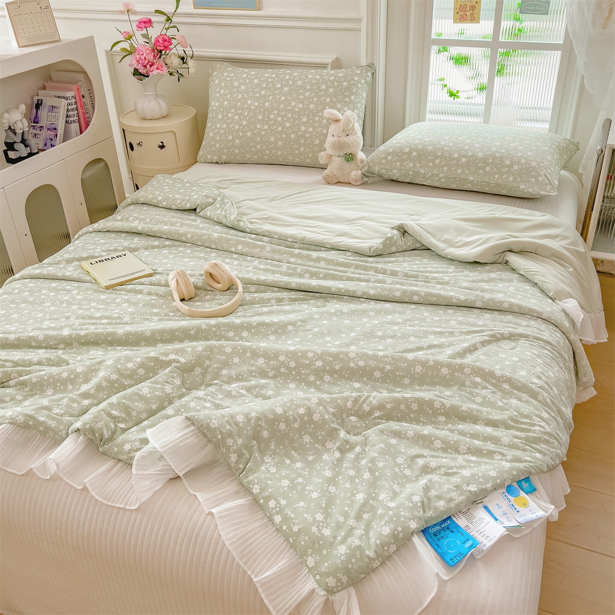 91家纺网 家纺一手货源 找家纺 兄弟坊 2026春夏新款小清新凉感韩版花边夏被夏凉被午睡被空调被 小碎花绿