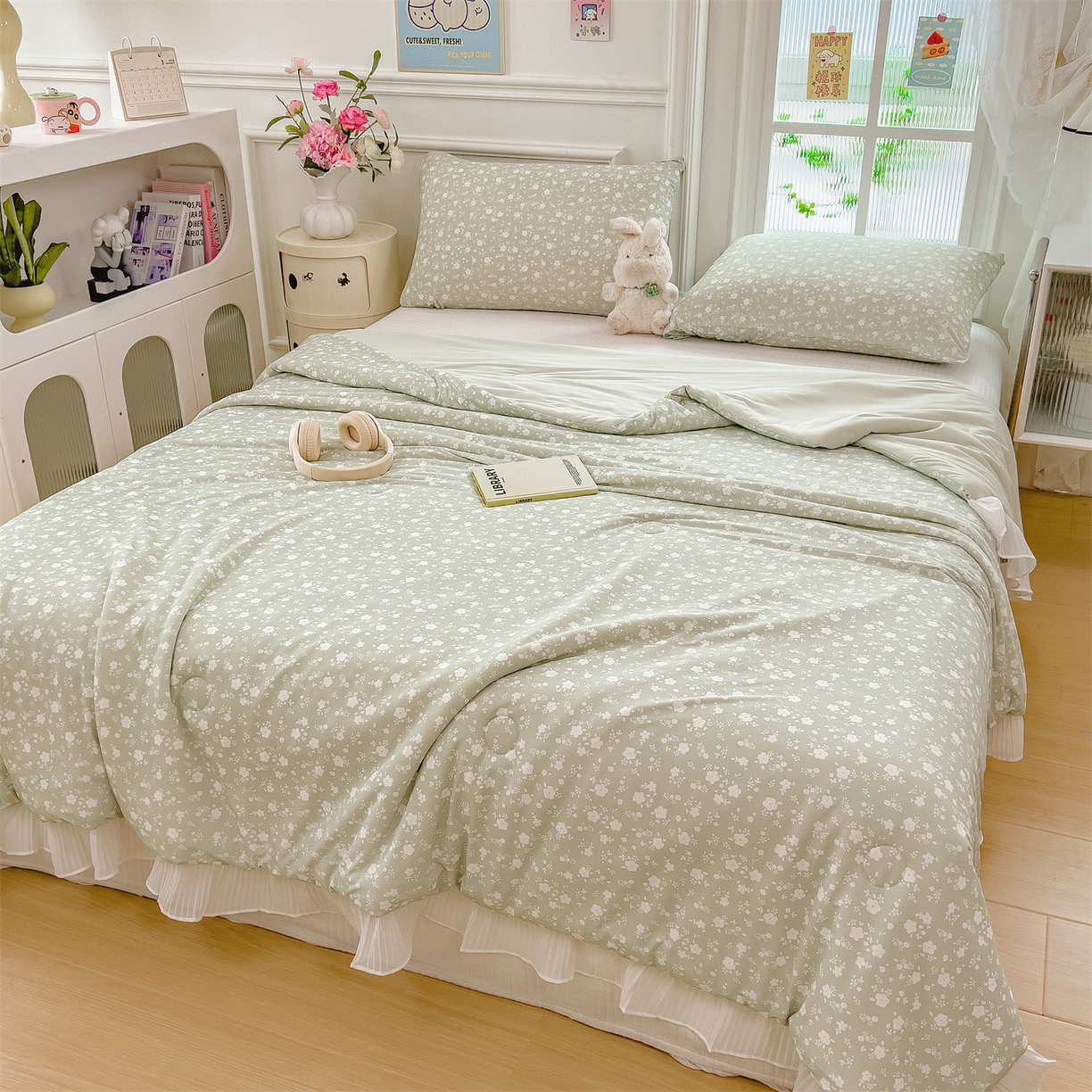 91家纺网 家纺一手货源 找家纺 兄弟坊 2026春夏新款小清新凉感韩版花边夏被夏凉被午睡被空调被 小碎花绿