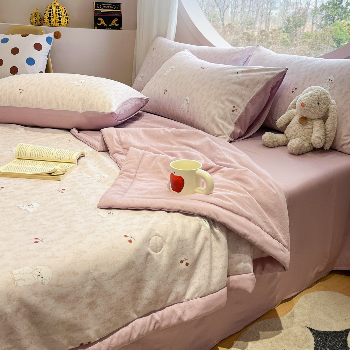 91家纺网 家纺一手货源 找家纺 一加一 2026新款洛卡棉印花大豆夏被四件套 软心小狗