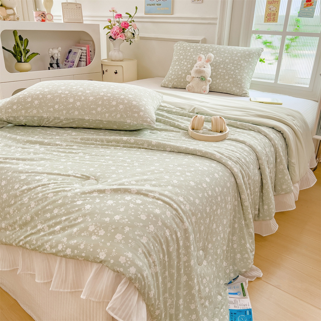 91家纺网 家纺一手货源 找家纺 兄弟坊 2026春夏新款小清新凉感韩版花边夏被夏凉被午睡被空调被 小碎花绿