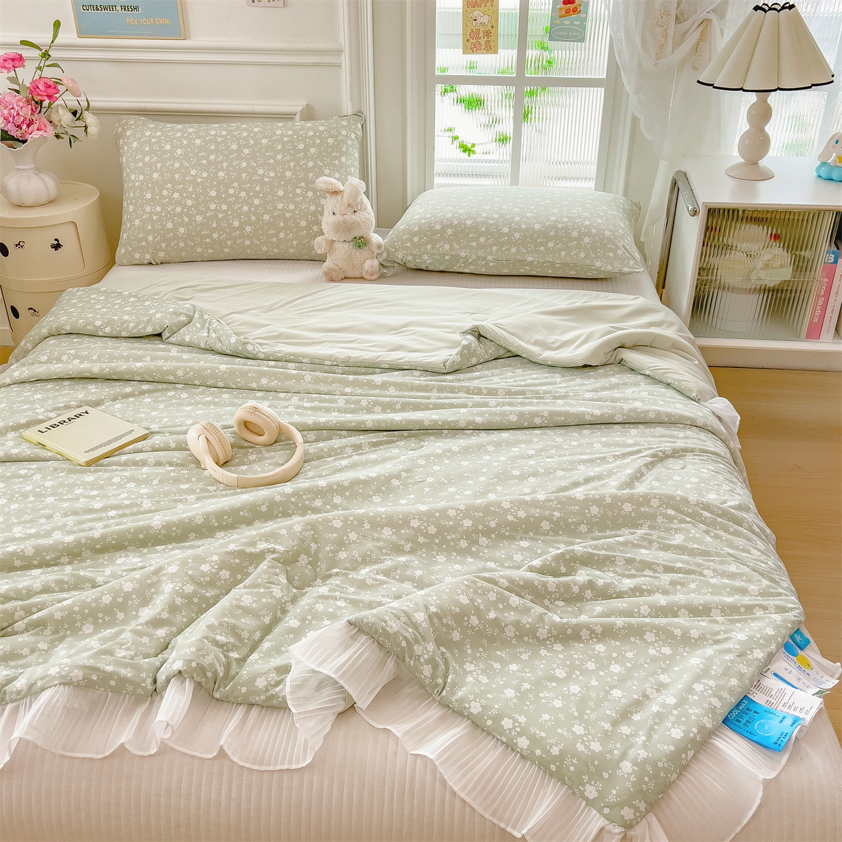 91家纺网 家纺一手货源 找家纺 兄弟坊 2026春夏新款小清新凉感韩版花边夏被夏凉被午睡被空调被 小碎花绿