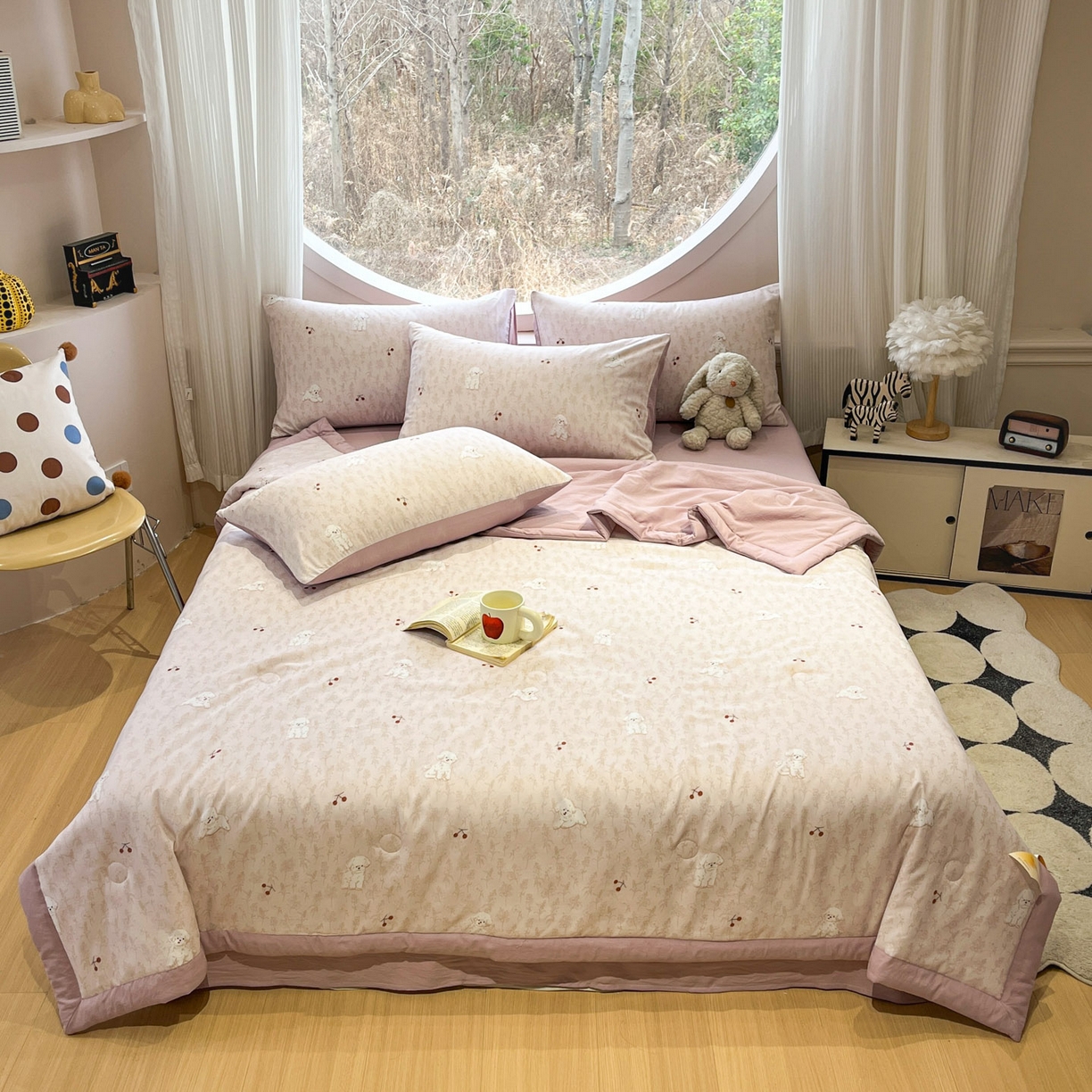 91家纺网 家纺一手货源 找家纺 一加一 2026新款洛卡棉印花大豆夏被四件套 软心小狗