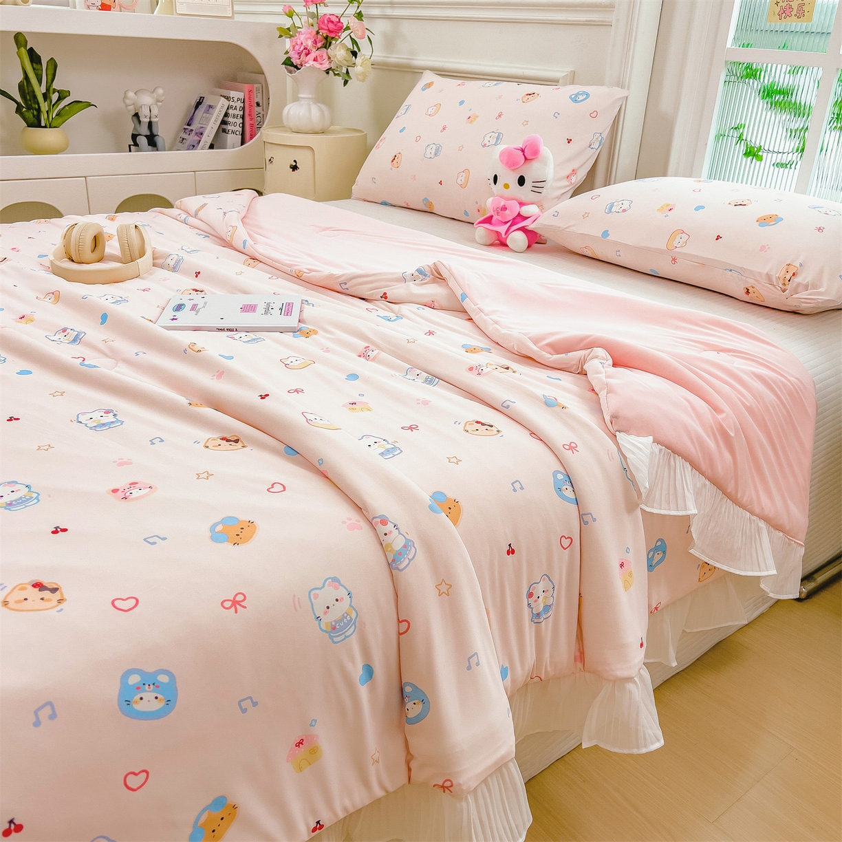 91家纺网 家纺一手货源 找家纺 兄弟坊 2026春夏新款小清新凉感韩版花边夏被夏凉被午睡被空调被 音乐小猫