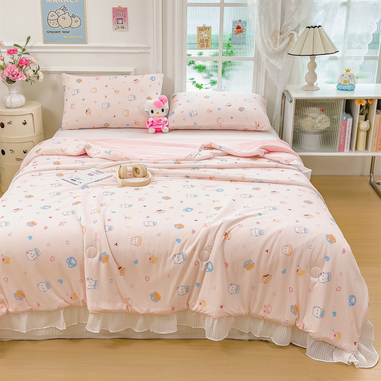 91家纺网 家纺一手货源 找家纺 兄弟坊 2026春夏新款小清新凉感韩版花边夏被夏凉被午睡被空调被 音乐小猫