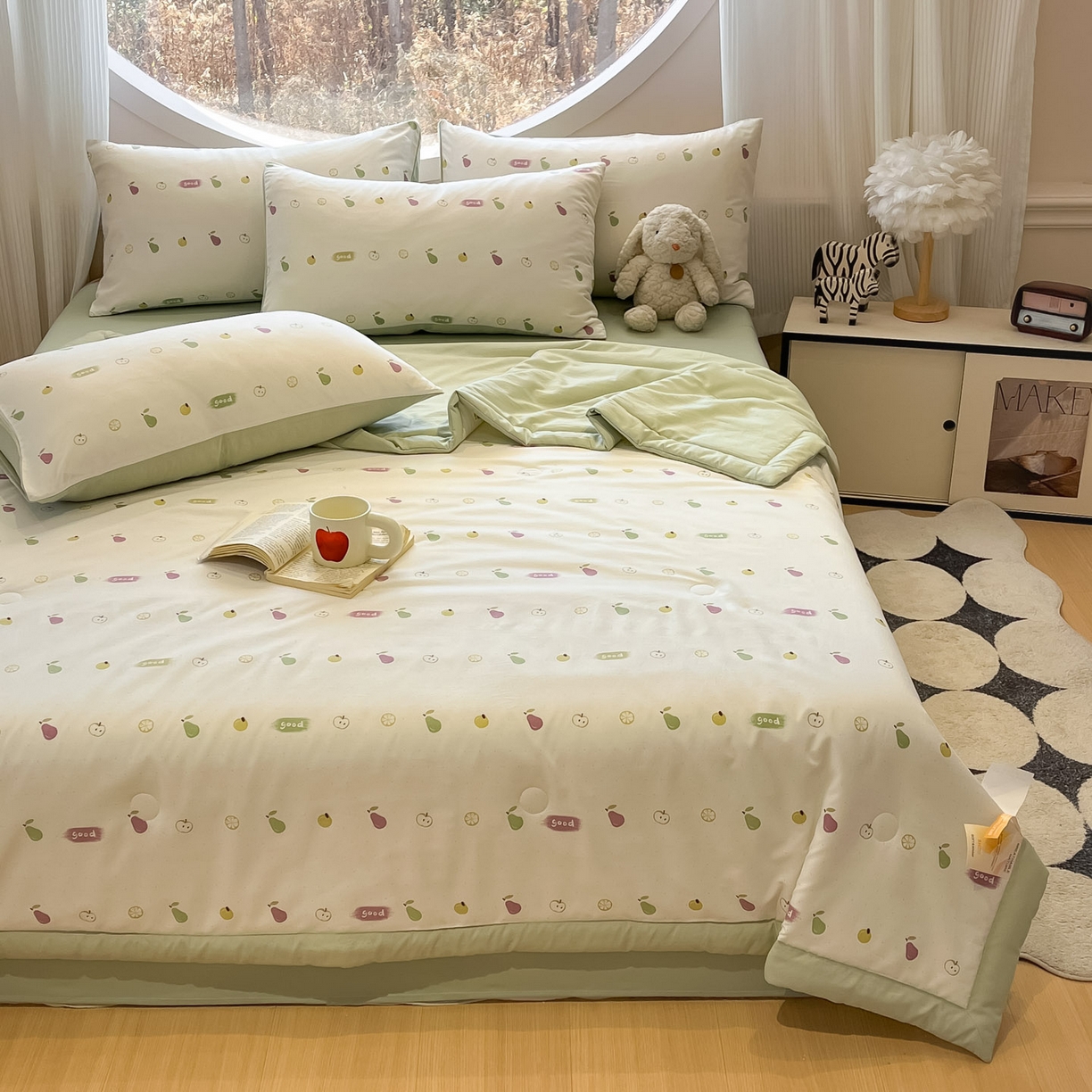 91家纺网 家纺一手货源 找家纺 一加一 2026新款洛卡棉印花大豆夏被四件套 元气小果