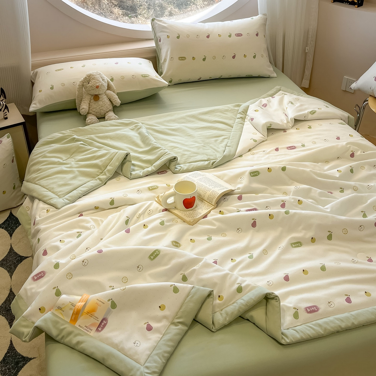 91家纺网 家纺一手货源 找家纺 一加一 2026新款洛卡棉印花大豆夏被四件套 元气小果