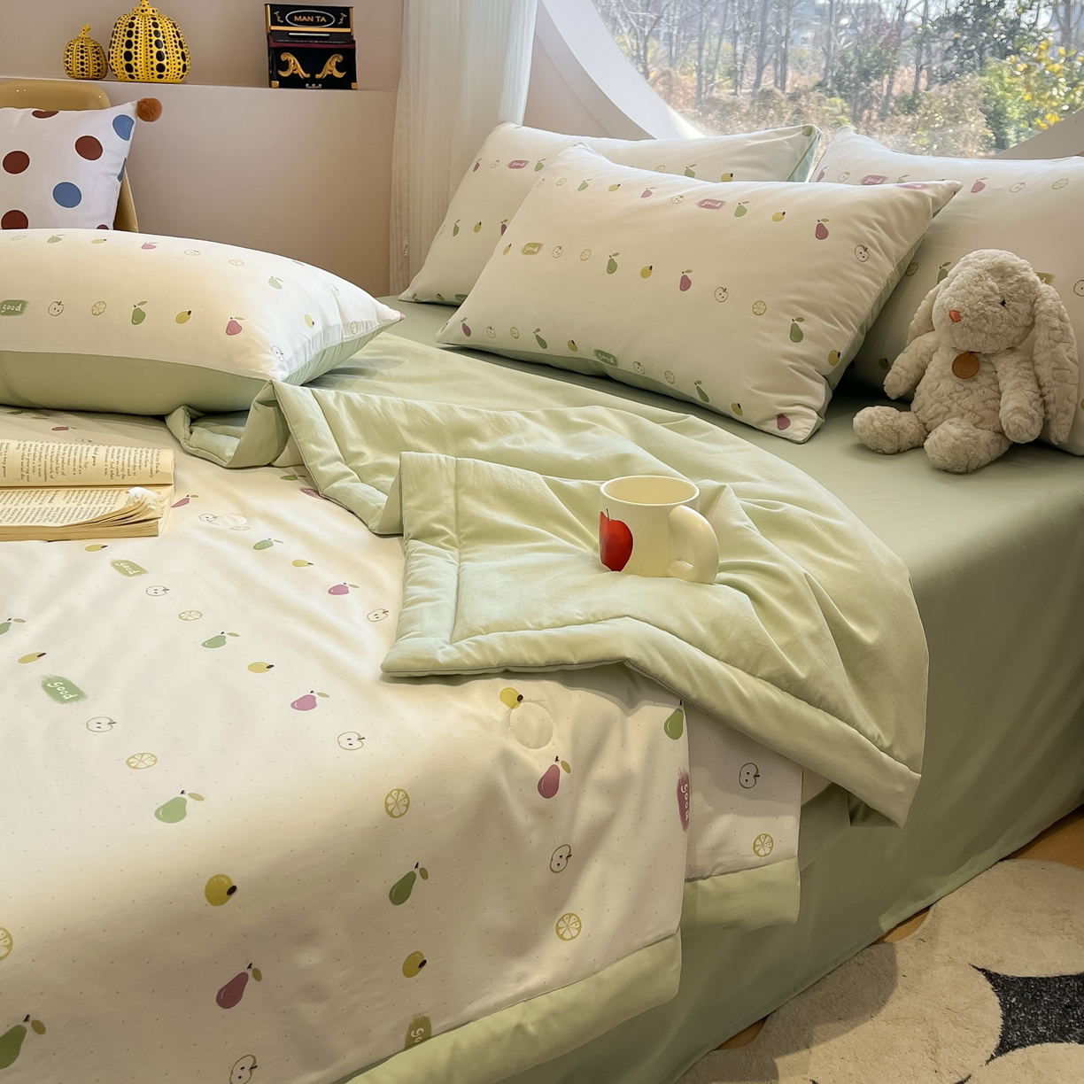 91家纺网 家纺一手货源 找家纺 一加一 2026新款洛卡棉印花大豆夏被四件套 元气小果