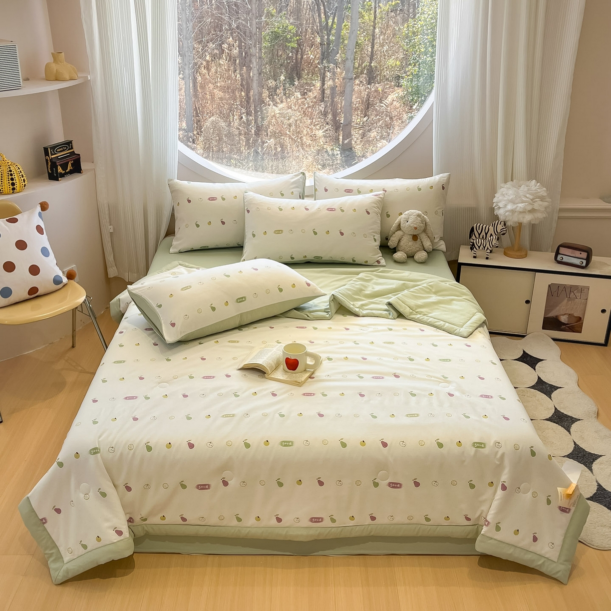 91家纺网 家纺一手货源 找家纺 一加一 2026新款洛卡棉印花大豆夏被四件套 元气小果