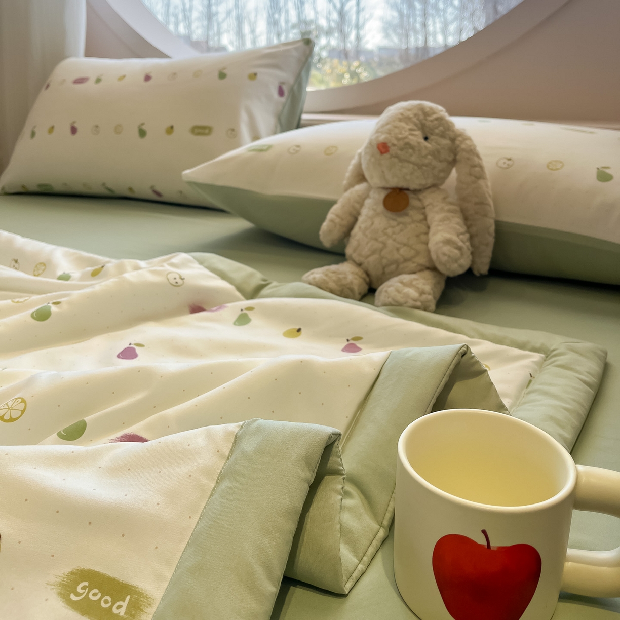 91家纺网 家纺一手货源 找家纺 一加一 2026新款洛卡棉印花大豆夏被四件套 元气小果