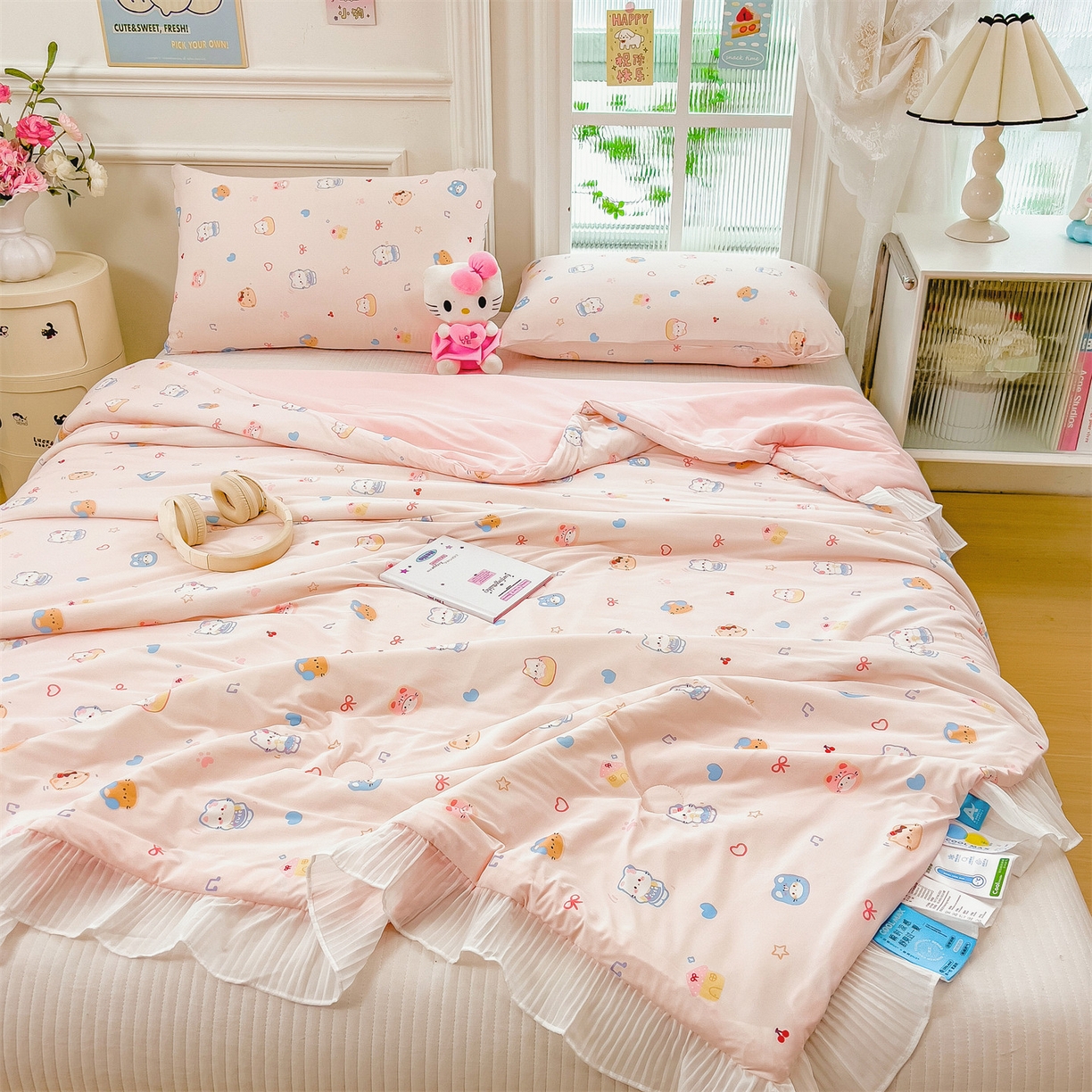 91家纺网 家纺一手货源 找家纺 兄弟坊 2026春夏新款小清新凉感韩版花边夏被夏凉被午睡被空调被 音乐小猫