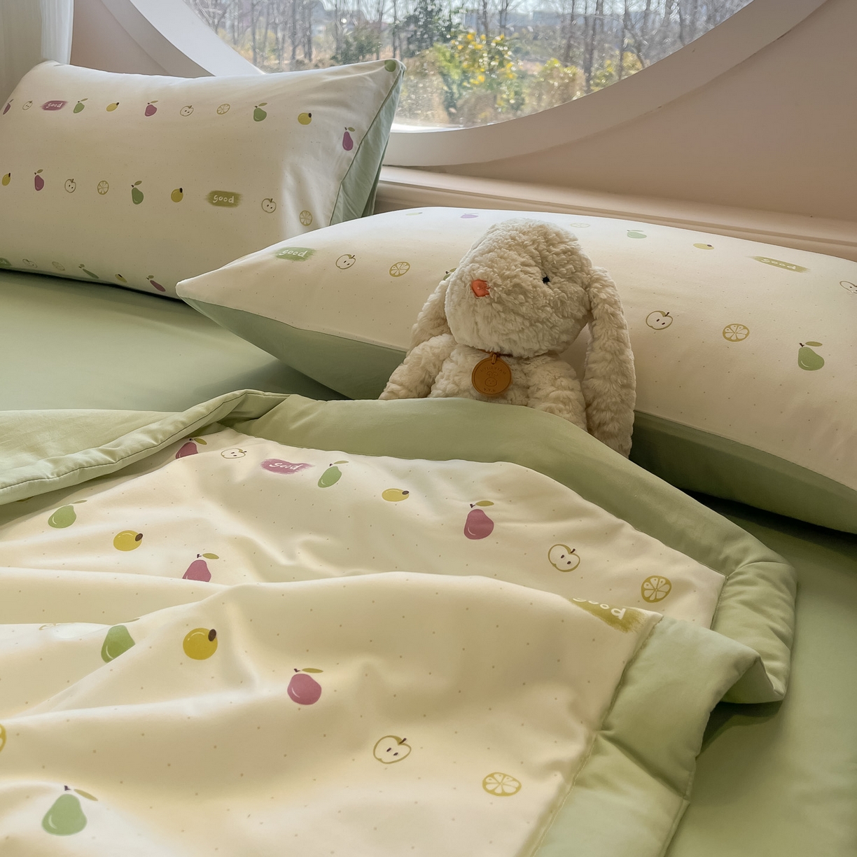 91家纺网 家纺一手货源 找家纺 一加一 2026新款洛卡棉印花大豆夏被四件套 元气小果