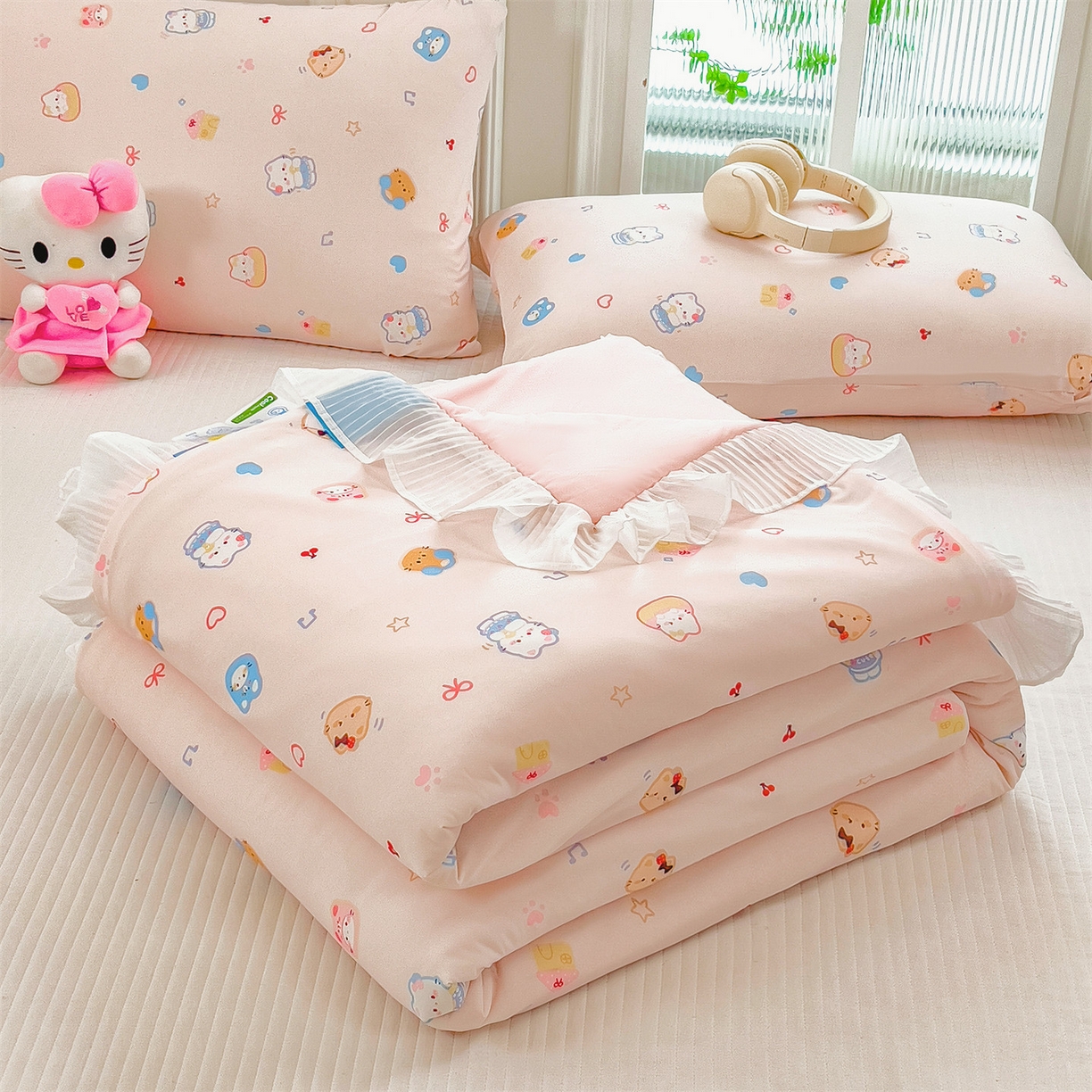 91家纺网 家纺一手货源 找家纺 兄弟坊 2026春夏新款小清新凉感韩版花边夏被夏凉被午睡被空调被 音乐小猫