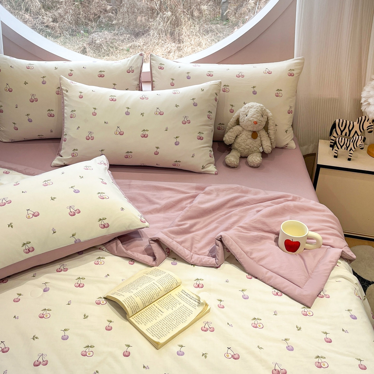 一加一 2026新款洛卡棉印花大豆夏被四件套 紫樱奶芙