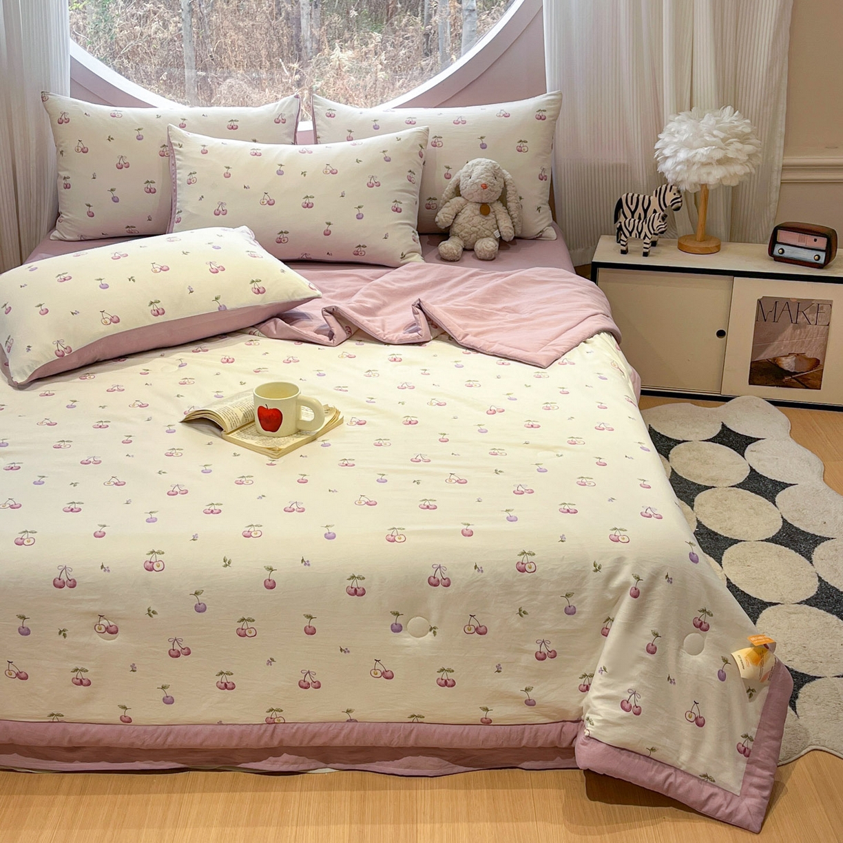 91家纺网 家纺一手货源 找家纺 一加一 2026新款洛卡棉印花大豆夏被四件套 紫樱奶芙