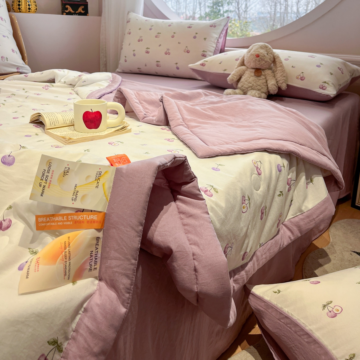 91家纺网 家纺一手货源 找家纺 一加一 2026新款洛卡棉印花大豆夏被四件套 紫樱奶芙