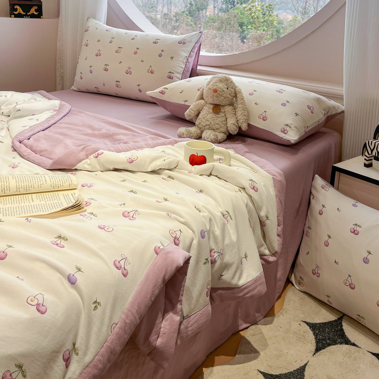 91家纺网 家纺一手货源 找家纺 一加一 2026新款洛卡棉印花大豆夏被四件套 紫樱奶芙