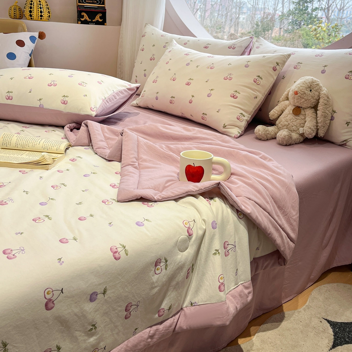 91家纺网 家纺一手货源 找家纺 一加一 2026新款洛卡棉印花大豆夏被四件套 紫樱奶芙