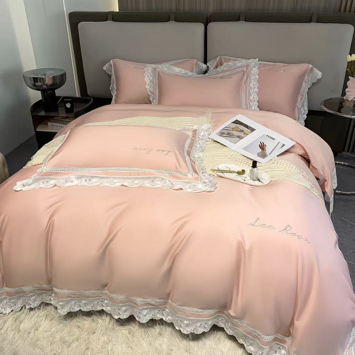 91家纺网 家纺一手货源 找家纺 edra 2026新款纯棉长绒棉轻奢花边床盖款四件套-维多利亚 维多利亚-粉
