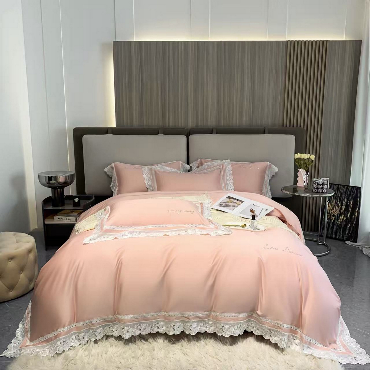 edra 2026新款纯棉长绒棉轻奢花边床盖款四件套-维多利亚 维多利亚-粉