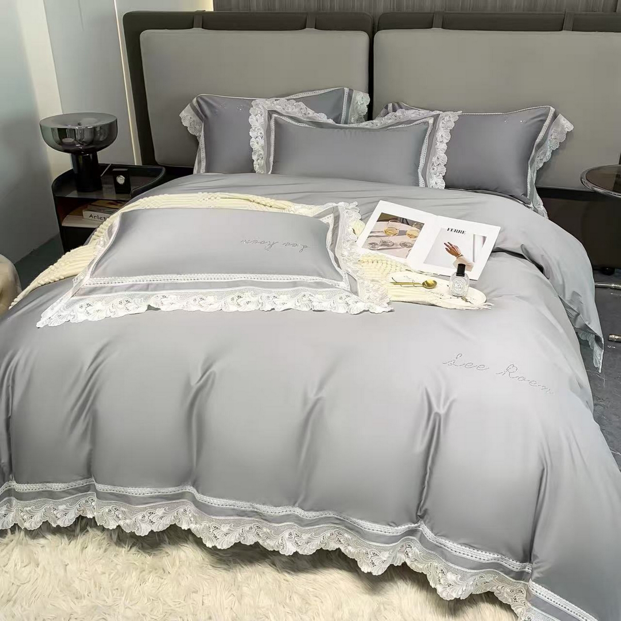 91家纺网 家纺一手货源 找家纺 edra 2026新款纯棉长绒棉轻奢花边床盖款四件套-维多利亚 维多利亚-灰