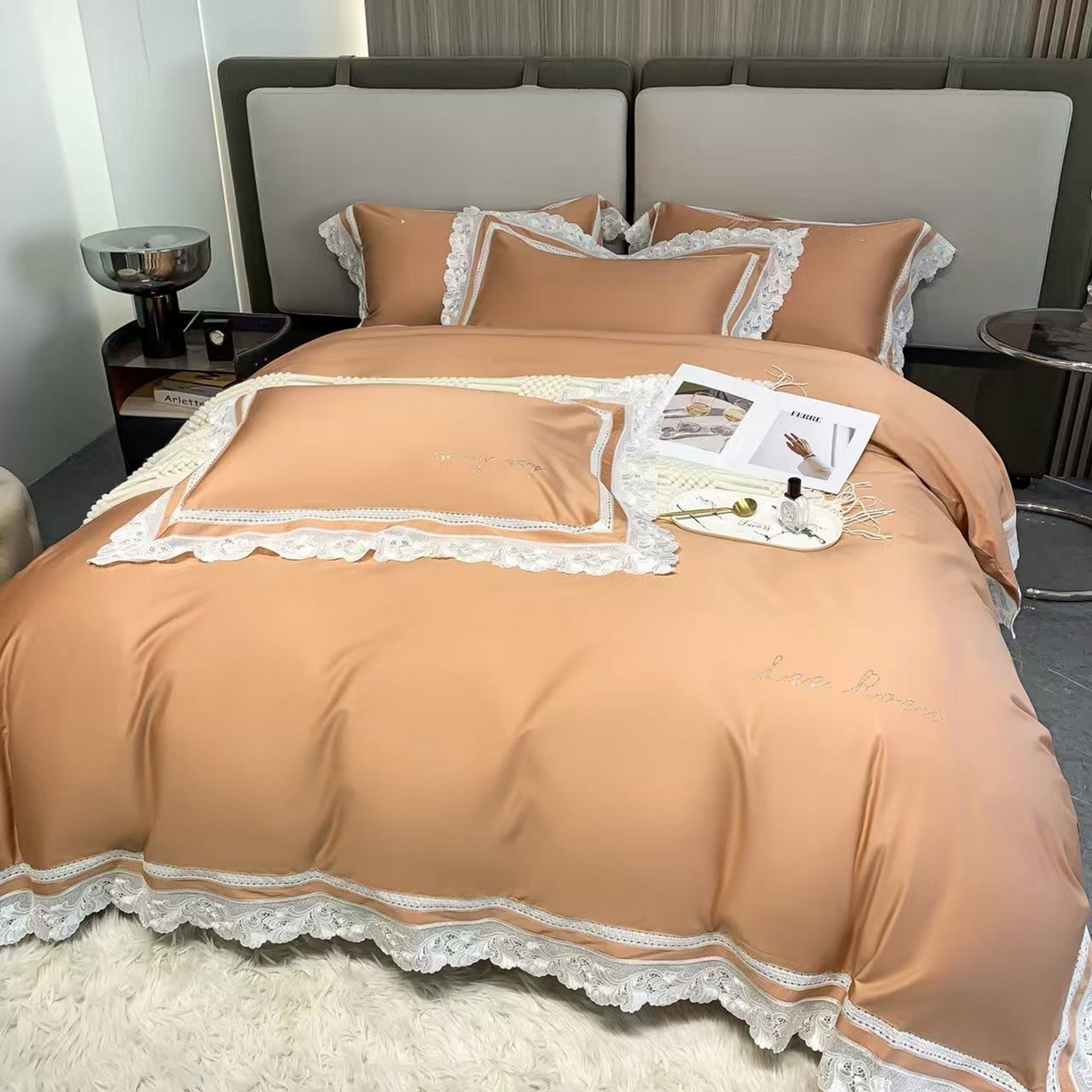 91家纺网 家纺一手货源 找家纺 edra 2026新款纯棉长绒棉轻奢花边床盖款四件套-维多利亚 维多利亚-橘