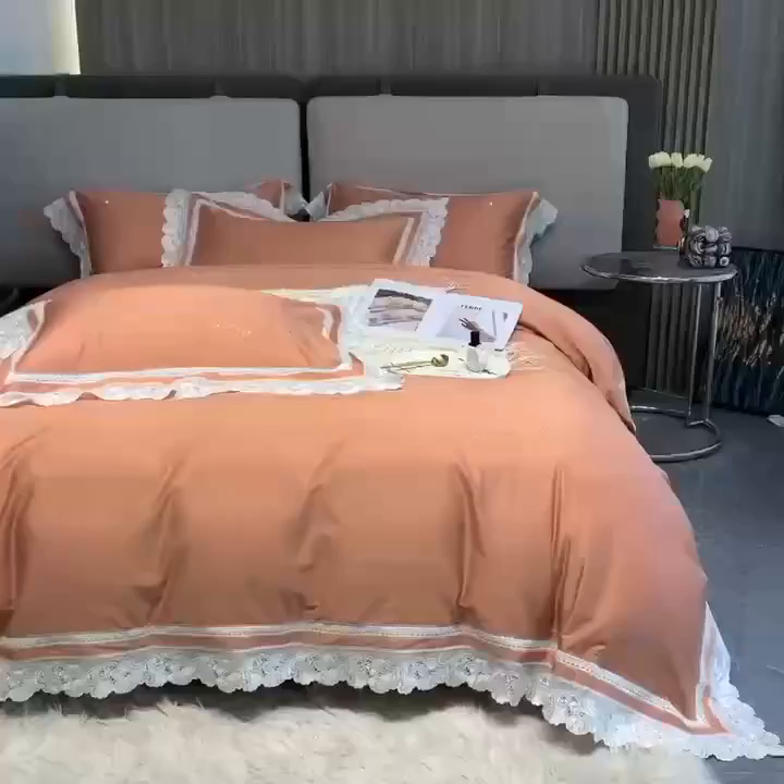91家纺网 家纺一手货源 找家纺 edra 2026新款纯棉长绒棉轻奢花边床盖款四件套-维多利亚 维多利亚-橘