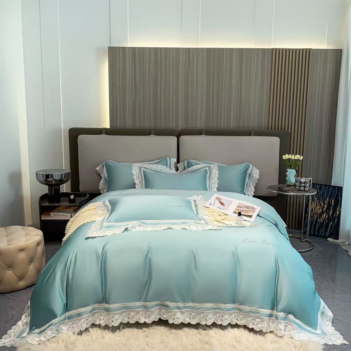 edra 2026新款纯棉长绒棉轻奢花边床盖款四件套-维多利亚 维多利亚-蓝