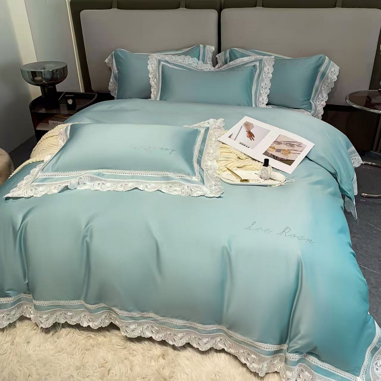 91家纺网 家纺一手货源 找家纺 edra 2026新款纯棉长绒棉轻奢花边床盖款四件套-维多利亚 维多利亚-蓝