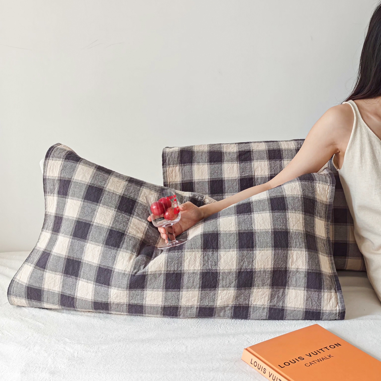 沐瑟家纺 2026新款格子款枕巾垫巾 华夫生活-深灰