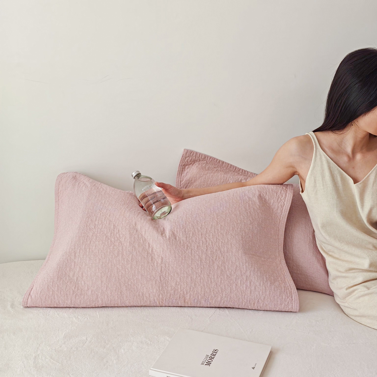 沐瑟家纺 2026新款格子款枕巾垫巾 米格-粉色