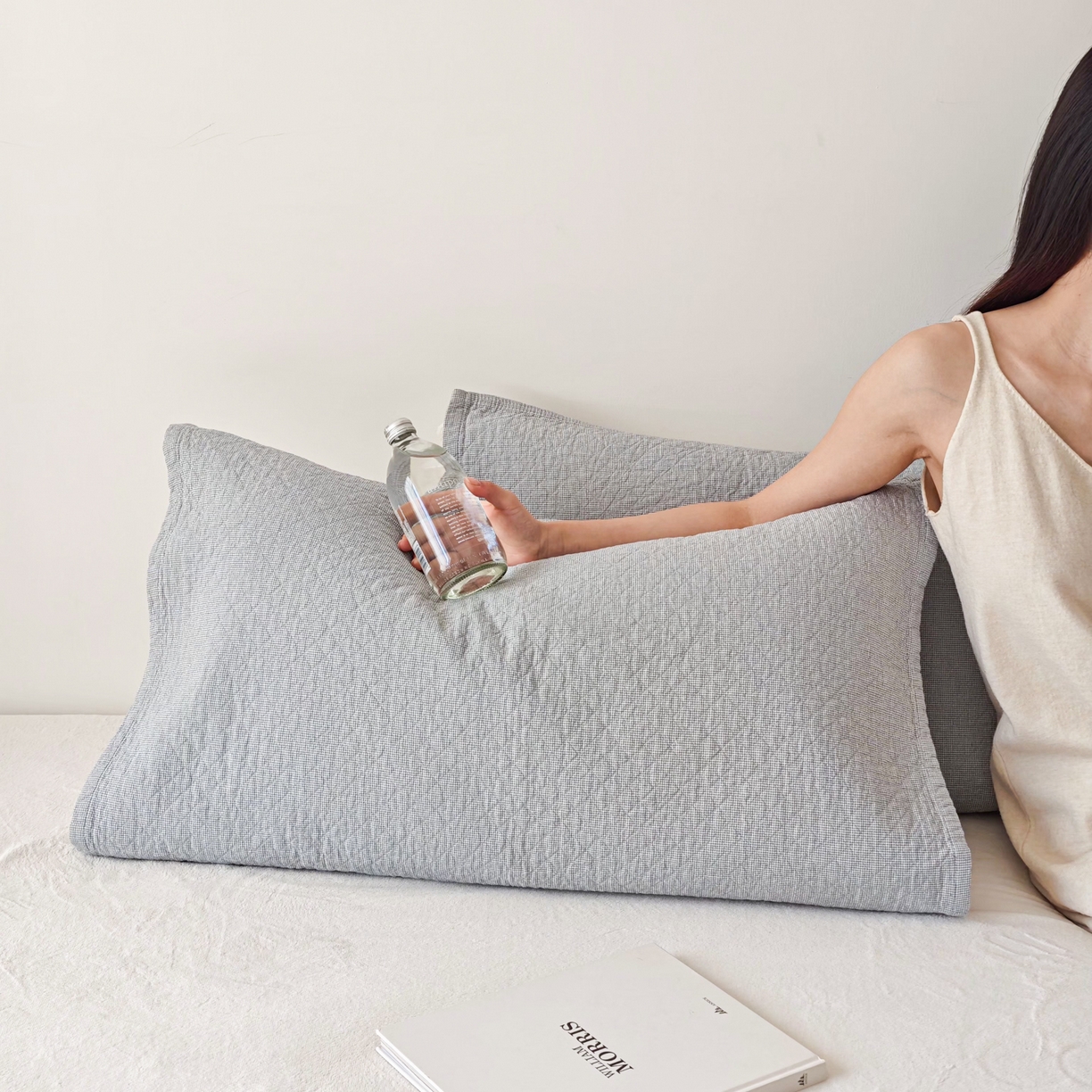 沐瑟家纺 2026新款格子款枕巾垫巾 米格-浅蓝