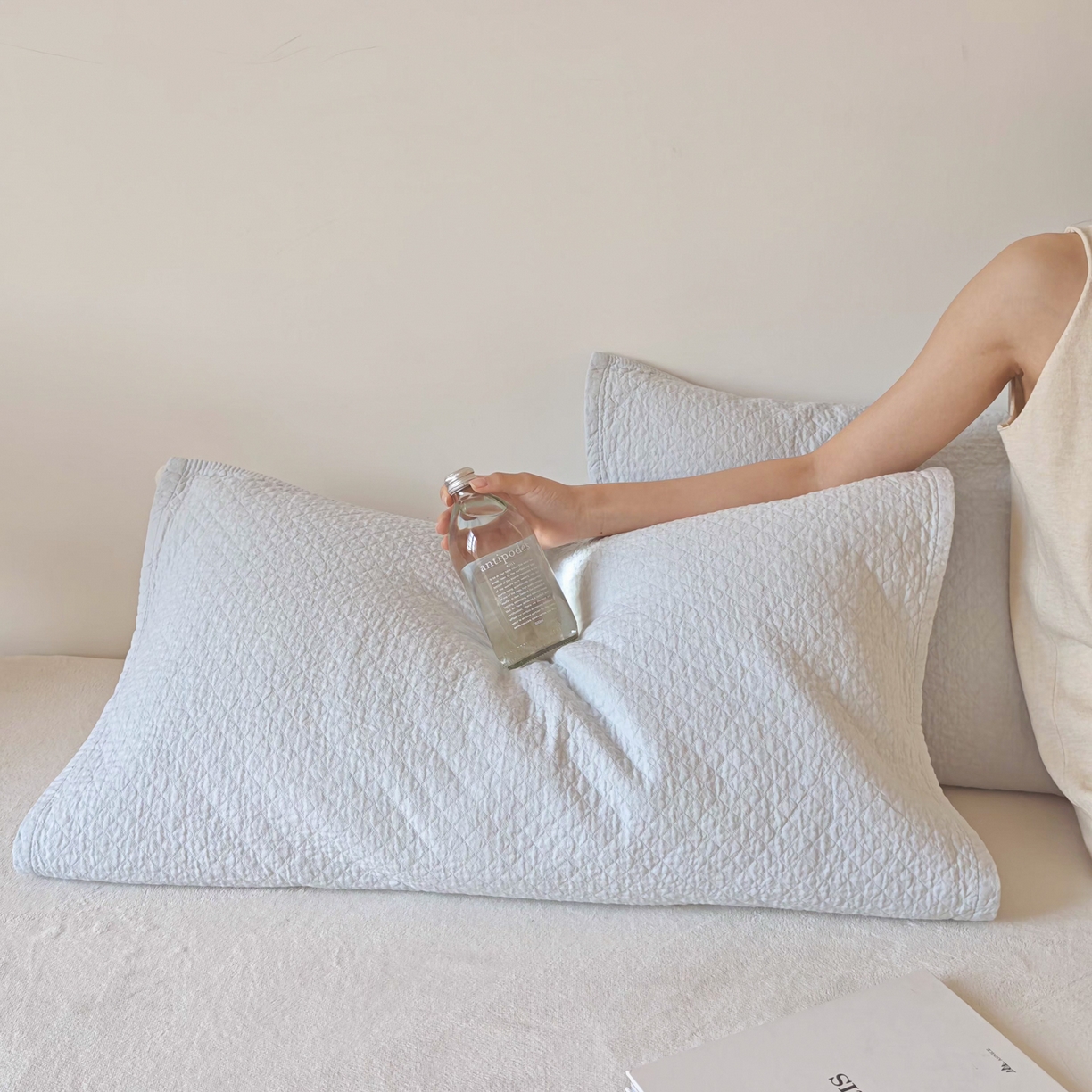 沐瑟家纺 2026新款格子款枕巾垫巾 素格-浅蓝