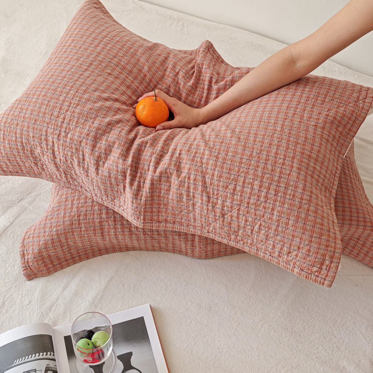 91家纺网 家纺一手货源 找家纺 沐瑟家纺 2026新款格子款枕巾垫巾 芸榕-粉色