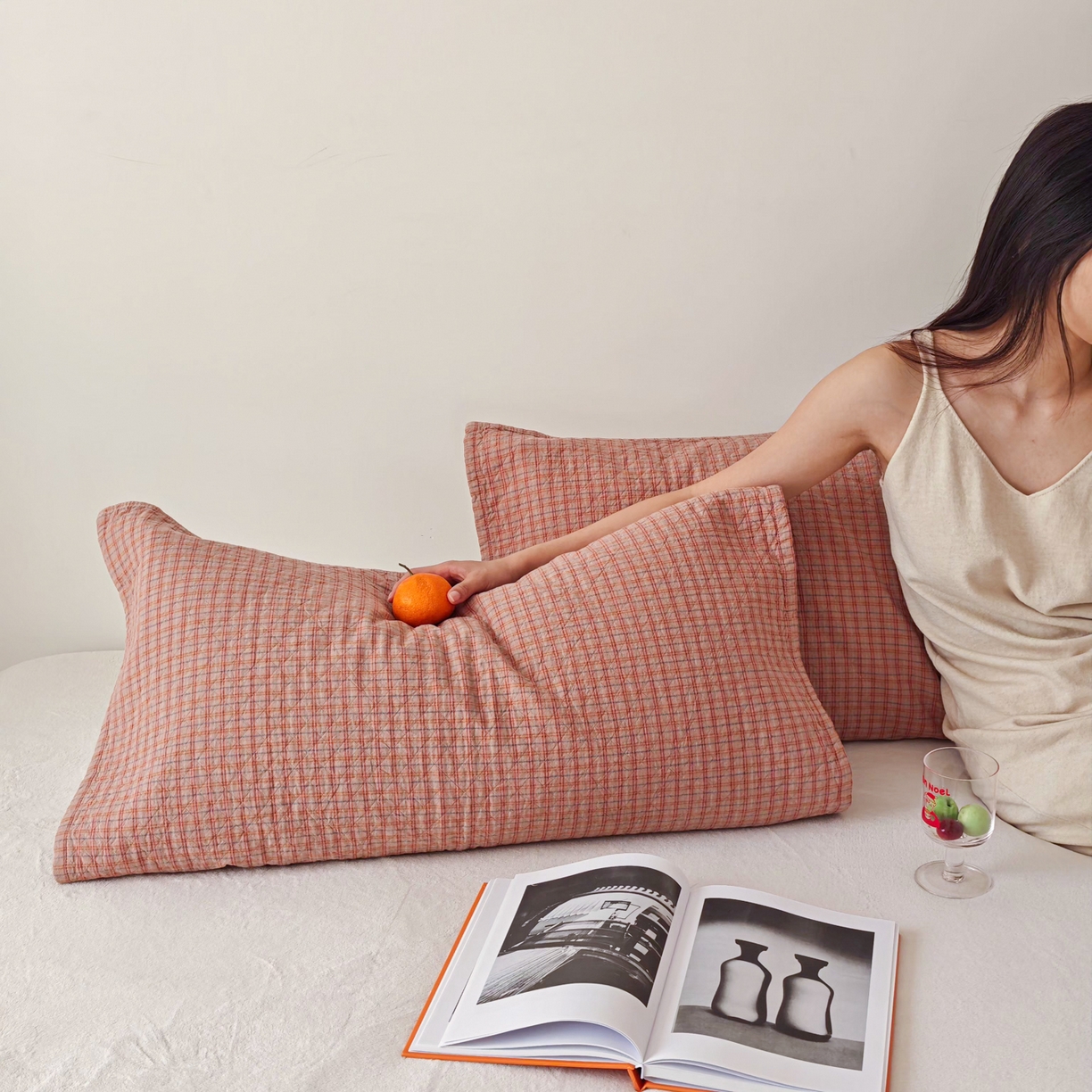 沐瑟家纺 2026新款格子款枕巾垫巾 芸榕-粉色