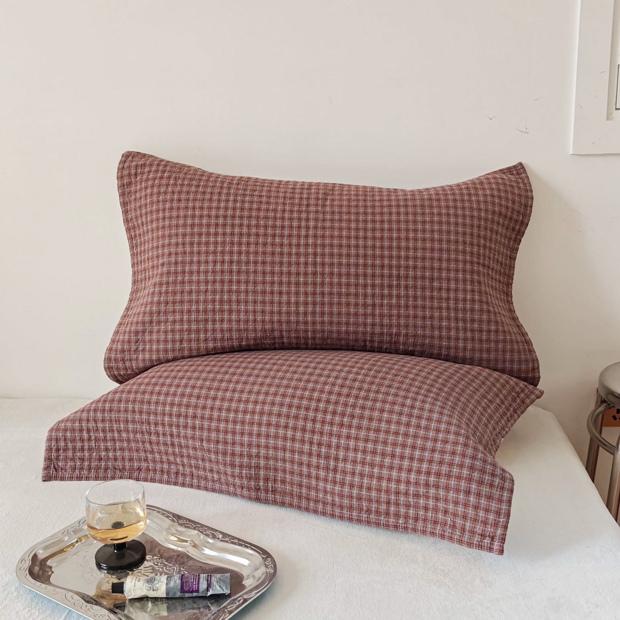 91家纺网 家纺一手货源 找家纺 沐瑟家纺 2026新款格子款枕巾垫巾 芸榕-咖色