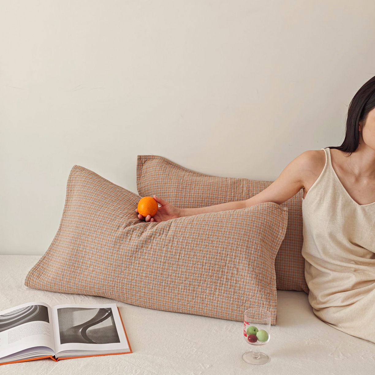 沐瑟家纺 2026新款格子款枕巾垫巾 芸榕-卡其