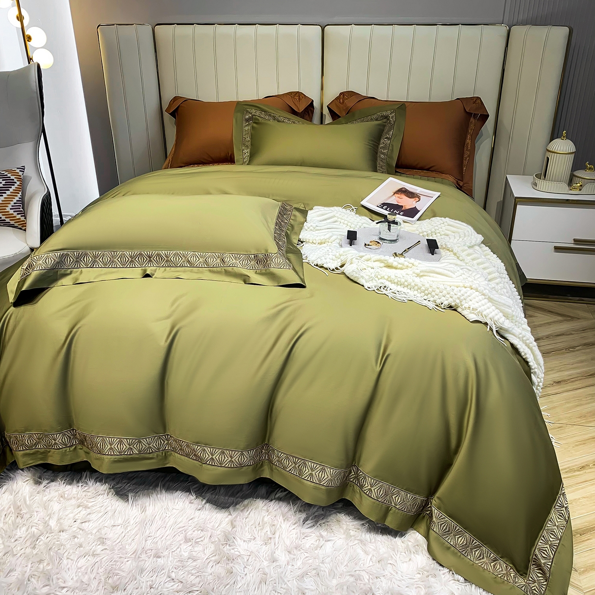 91家纺网 家纺一手货源 找家纺 edra 2026新款纯棉长绒棉轻奢镂空边床盖款四件套-克罗心 克罗心-橄榄