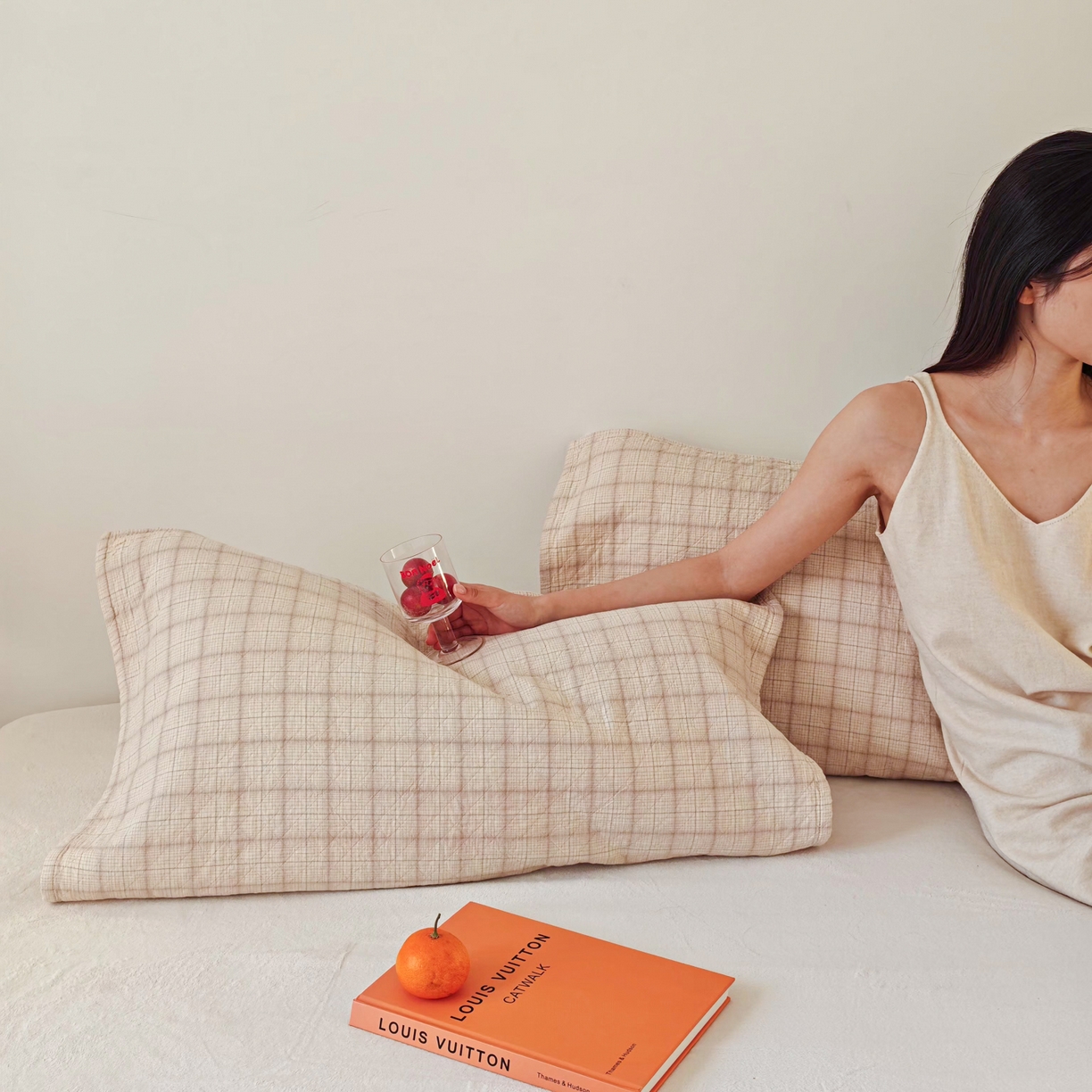 沐瑟家纺 2026新款格子款枕巾垫巾 芸柚-米白