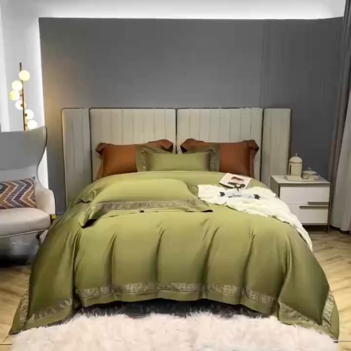 91家纺网 家纺一手货源 找家纺 edra 2026新款纯棉长绒棉轻奢镂空边床盖款四件套-克罗心 克罗心-橄榄