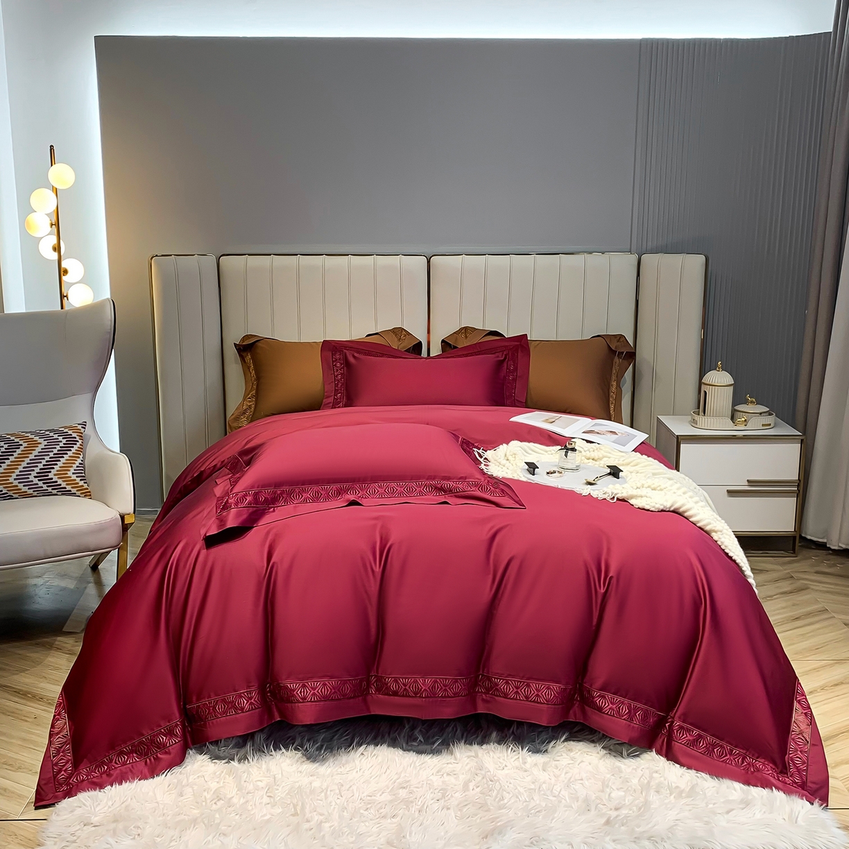 edra 2026新款纯棉长绒棉轻奢镂空边床盖款四件套-克罗心 克罗心-酒红