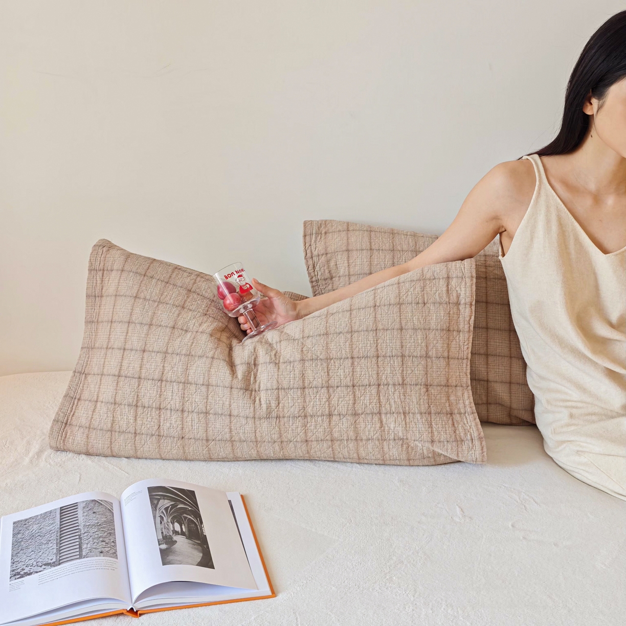 沐瑟家纺 2026新款格子款枕巾垫巾 芸柚-浅咖