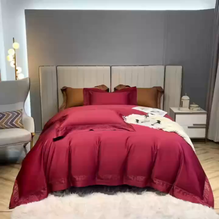 91家纺网 家纺一手货源 找家纺 edra 2026新款纯棉长绒棉轻奢镂空边床盖款四件套-克罗心 克罗心-酒红