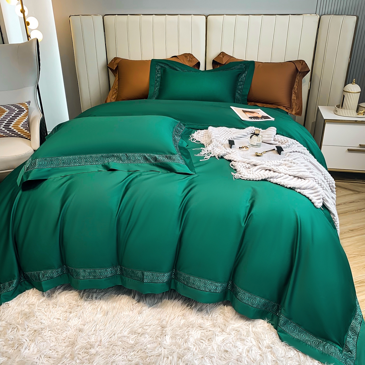 91家纺网 家纺一手货源 找家纺 edra 2026新款纯棉长绒棉轻奢镂空边床盖款四件套-克罗心 克罗心-墨绿