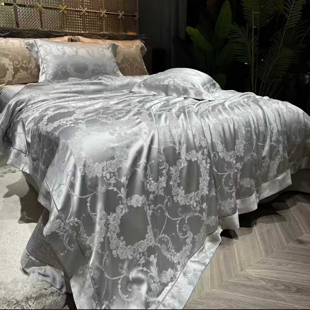 edra 2026新款真丝天丝轻奢提花床盖款四件套-繁花 繁花-深灰